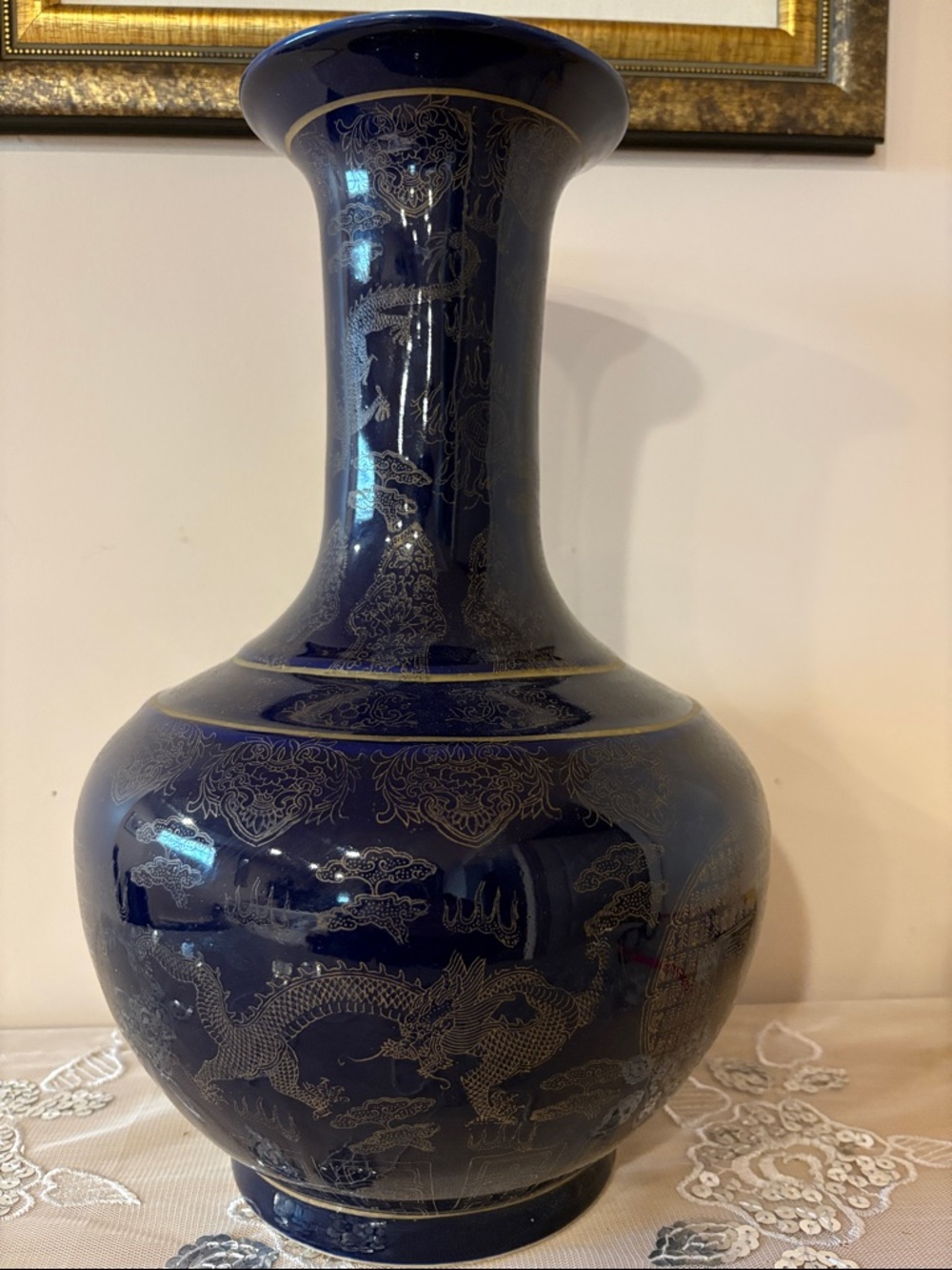 Vintage Chinese Blue Glaze Gilt Porcelain Vase | Hand-Painted